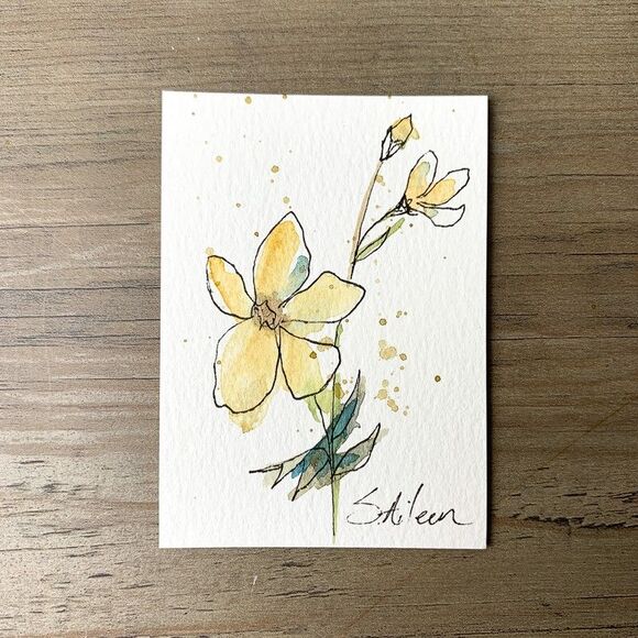 ACEO Painting Watercolor Ink Yellow Flower Green Botanical Minimalist II Signed - Picture 2 of 2